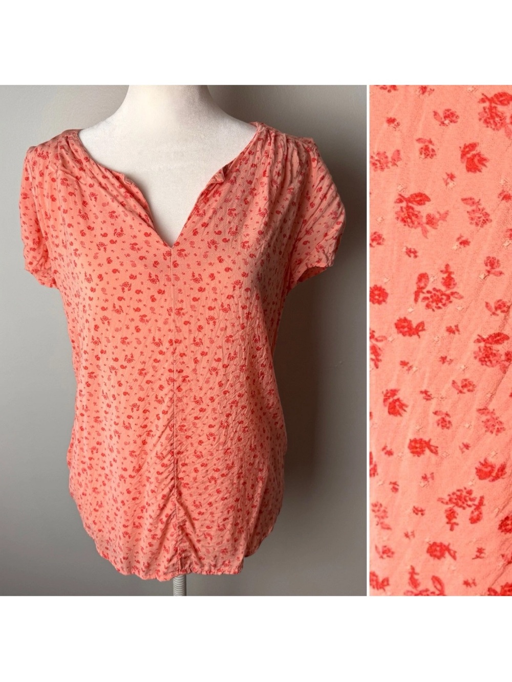 Hinge Blouse Size Small Top Short Sleeves Floral Coral Pink Red Lightweight